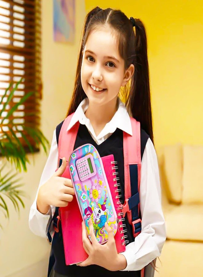 VGRASSP Stationery Pencil Pouch for Kids with Mini Calculator - Unicorn Theme Zipper Case with Multi Storage Compartments - School Supplies Organizer - Multicolor - Image 3